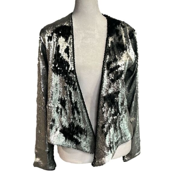 Evereve Chaser sequin drape front jacket reversible sequin black silver NWT - XS - Picture 1 of 8